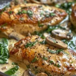 Side view of succulent chicken in a creamy garlic sauce with mushrooms and spinach.