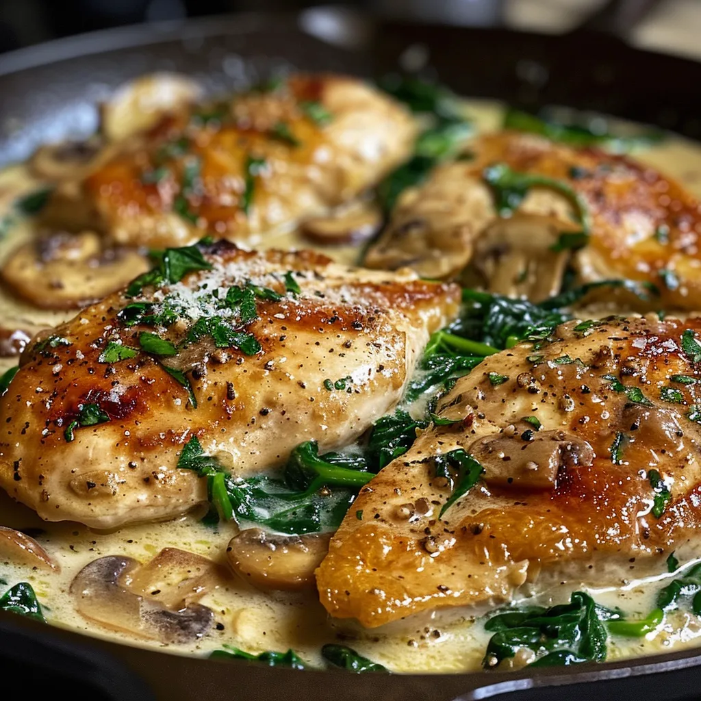 Deliciously cooked creamy garlic chicken with a rich sauce and greens in a frying pan.