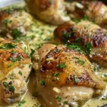 Side view of a delicious creamy garlic chicken dish, highlighting its richness and garnishes.