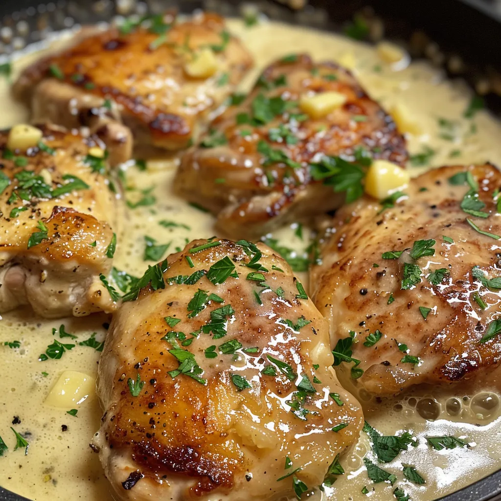 Succulent chicken coated in a creamy garlic sauce, served in a rustic dish.