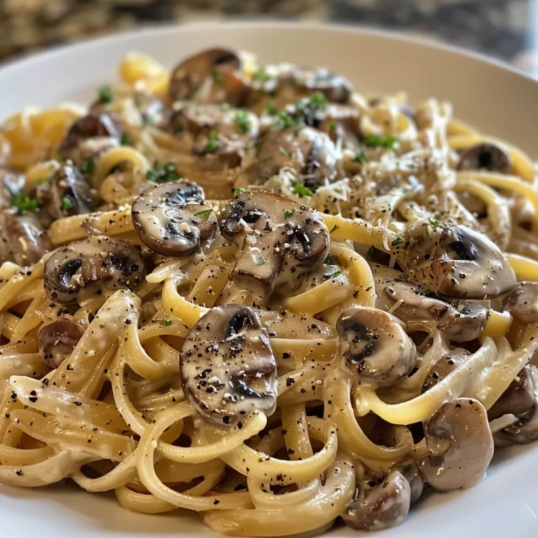 A delicious serving of creamy garlic mushroom pasta with fresh herbs.