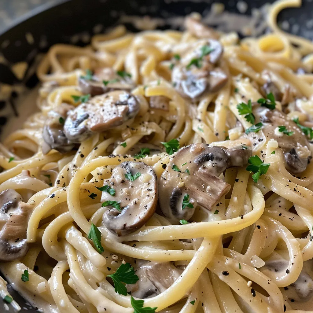 Appetizing creamy pasta dish featuring sautéed mushrooms and garlic.