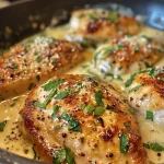 Side view of a plated dish featuring garlic parmesan chicken and creamy sauce.