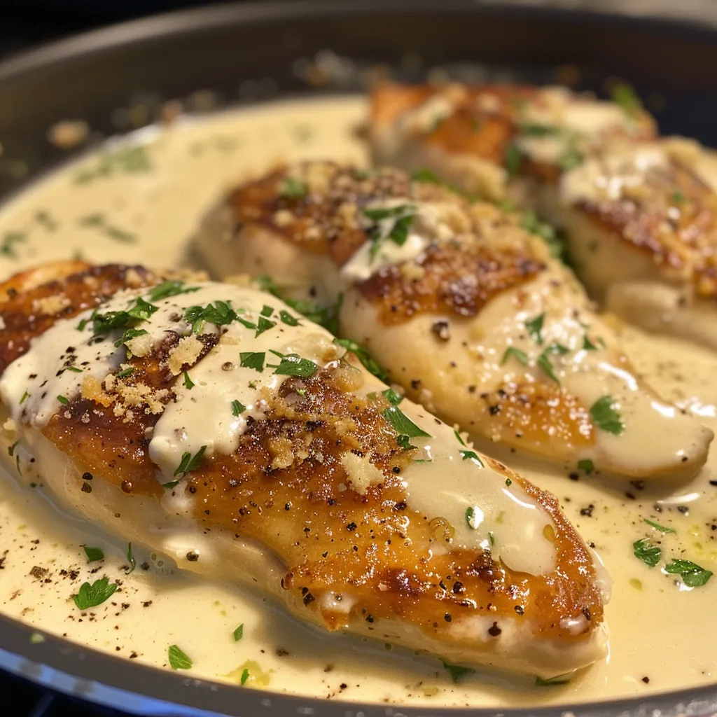 Appetizing chicken dish showcasing a creamy, cheesy garlic sauce.
