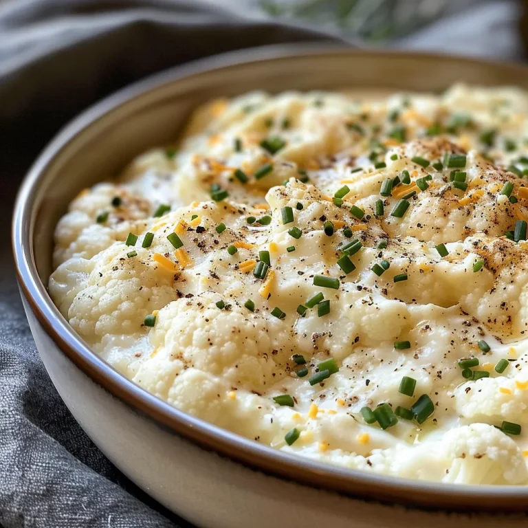 Delicious-looking creamy cauliflower mash with a golden butter drizzle and chopped herbs.