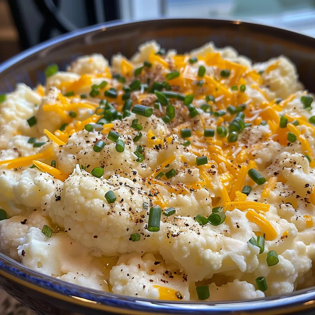 Rich and creamy keto cauliflower mash in a bowl, featuring hints of garlic and sprinkled chives.