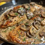 Appetizing plate of chicken in a rich mushroom sauce with herbs and spices.