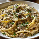 Juicy beef linguine topped with grated Parmesan and fresh parsley.