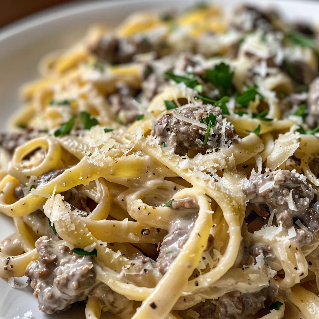 Linguine pasta mixed with ground beef in a rich, creamy sauce.