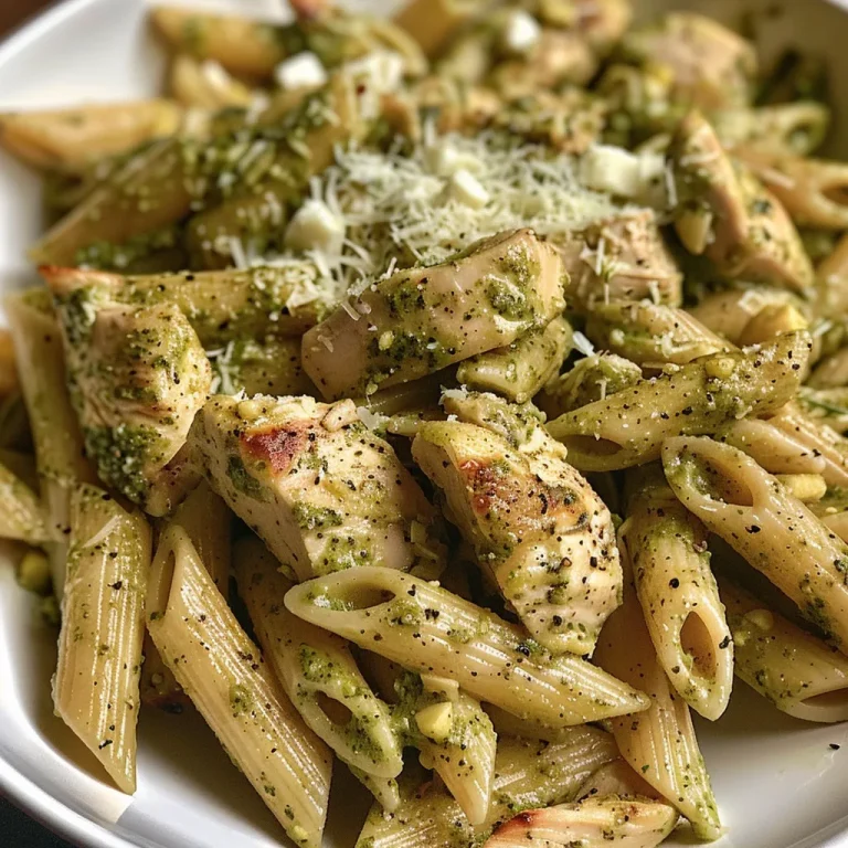 A side view of a plate filled with creamy pasta, chicken pieces, and vibrant green pesto.