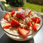 Juicy strawberries arranged over a creamy oat mixture in a glass jar.