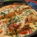Succulent chicken breasts in a creamy sauce with diced tomatoes and herbs.