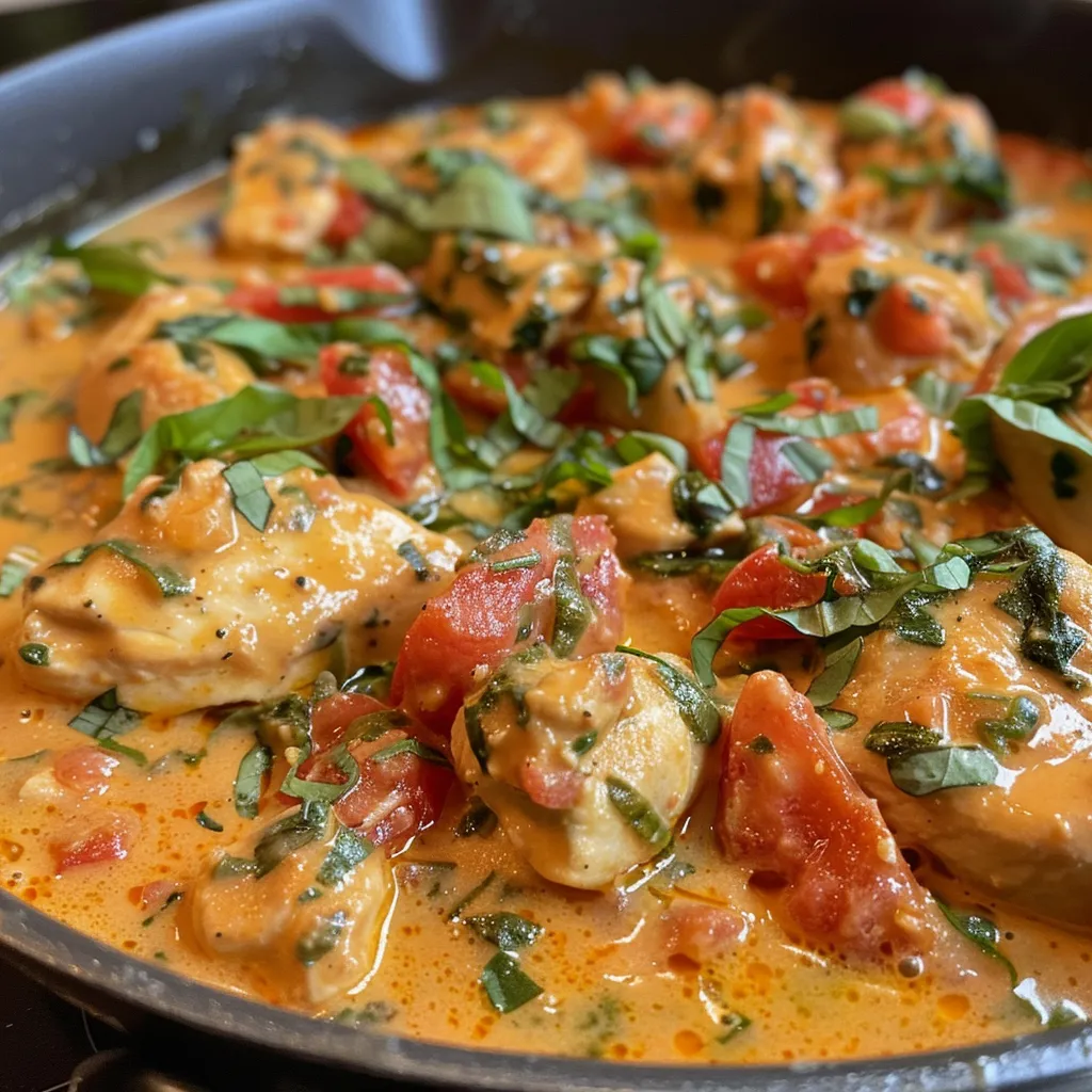 Delicious bowl of creamy tomato basil chicken showcasing vibrant colors.