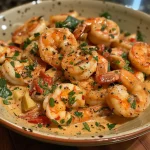 Detailed shot of creamy Tuscan shrimp on a plate, featuring fresh ingredients in a delectable sauce.