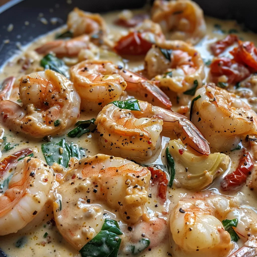 Appetizing creamy Tuscan shrimp displayed on a wooden table, highlighting fresh ingredients.