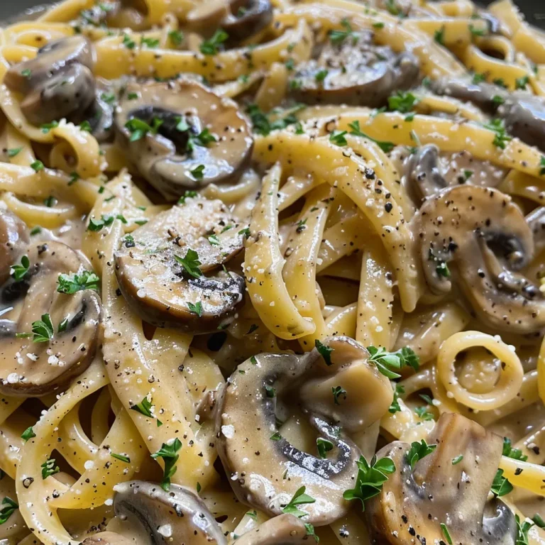 Juicy vegan mushroom pasta with a rich, creamy texture and visible mushroom slices.
