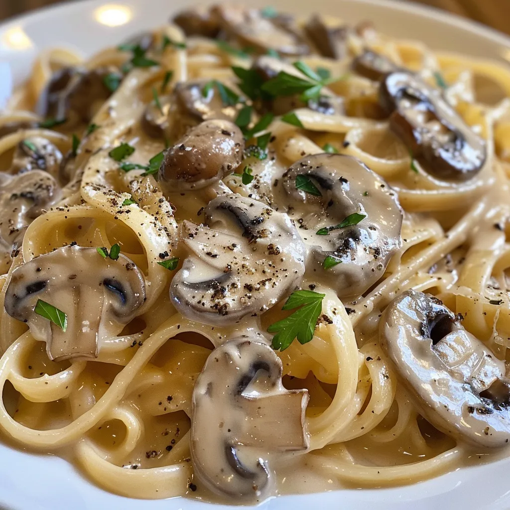 A savory plate of mushroom pasta, showcasing a rich creaminess and colorful garnishes.