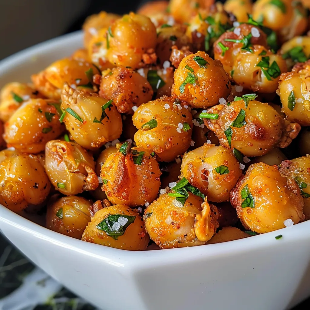 A close-up image of chickpeas, revealing a crispy outer layer and vibrant seasoning.