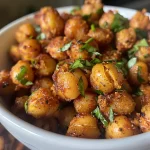 Juicy and crispy chickpeas arranged appetizingly on a plate.