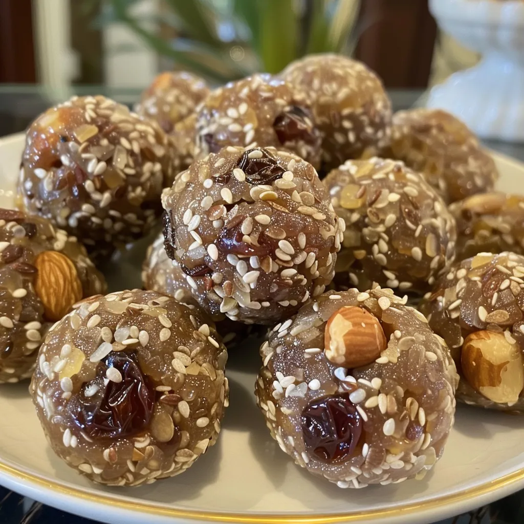 Juicy, healthy date ladoo with visible nuts and coconut, placed on a wooden surface.