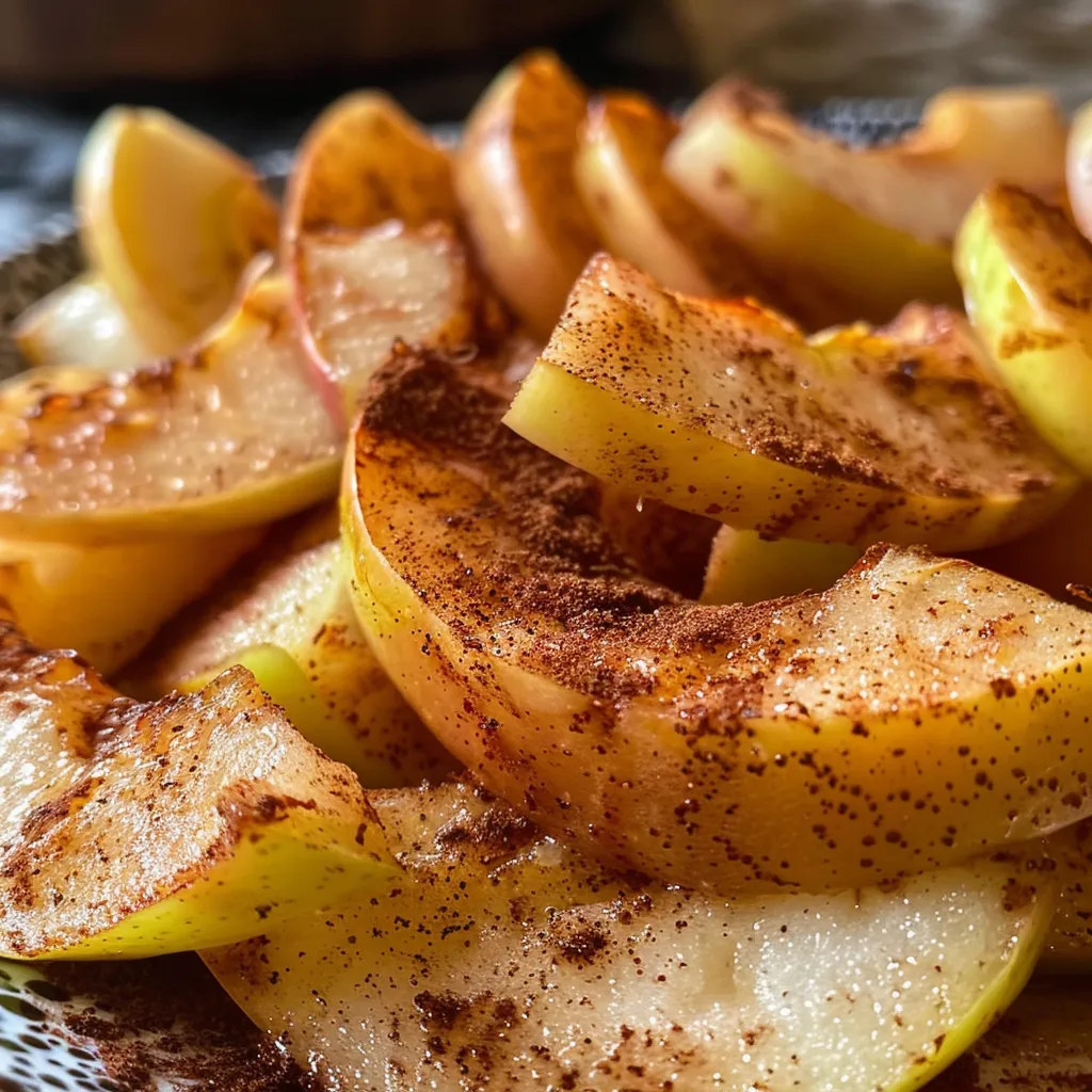 Delicious, golden-brown baked apple slices, showing their juicy texture and cinnamon topping.