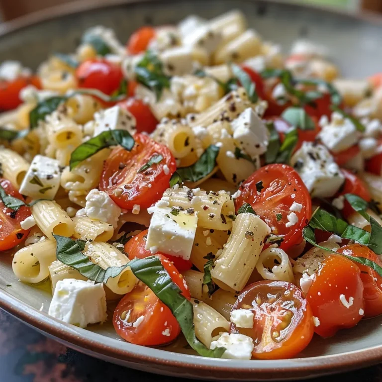 Pasta mixed with roasted cherry tomatoes, feta cheese, and a sprinkle of fresh basil.