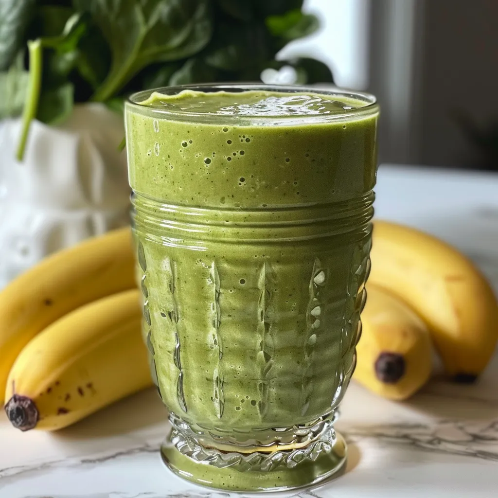 Juicy, green smoothie featuring spinach and banana in a clear glass, with ingredients visible.