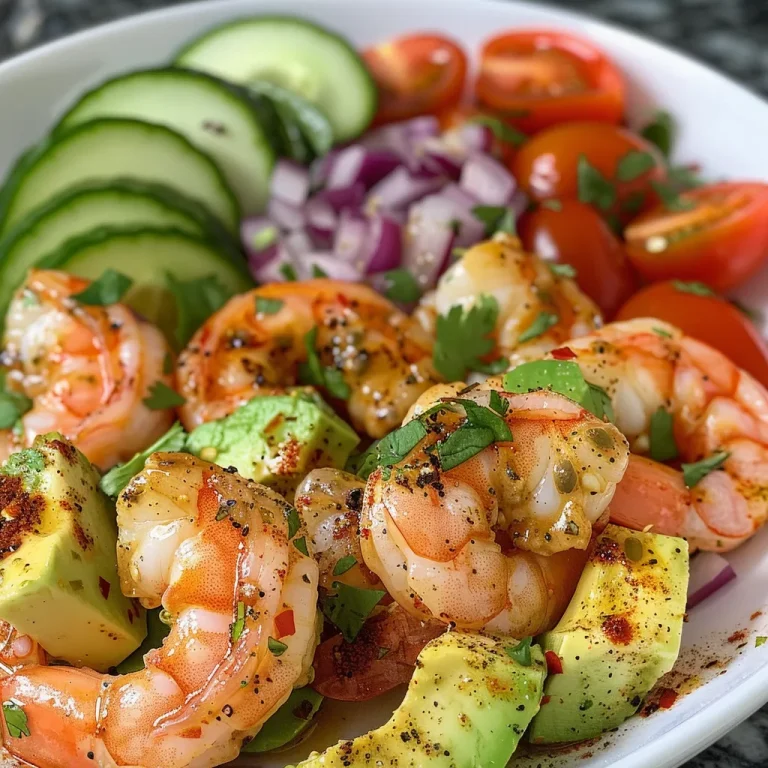 An appetizing arrangement of shrimp and avocado mixed with fresh vegetables and herbs in a bowl.