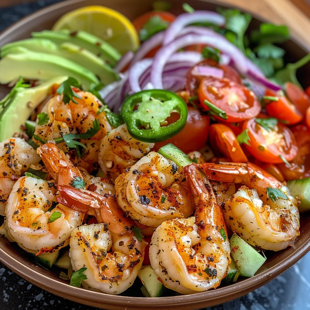 A detailed shot showcasing a refreshing salad with diced avocado, shrimp, and multi-colored veggies.