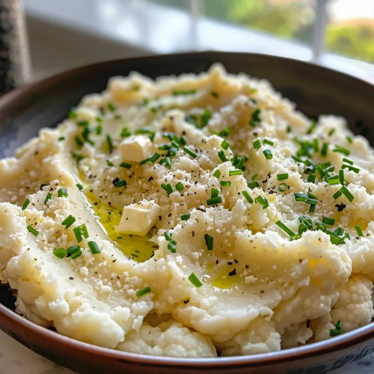 Appetizing dish of cauliflower mashed potatoes garnished with herbs.