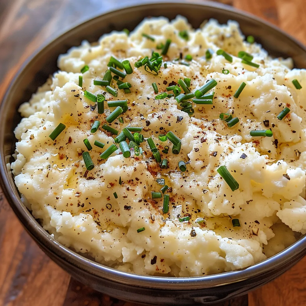 Rich, fluffy cauliflower mash served in a rustic bowl.
