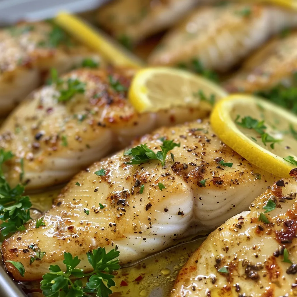 Side view of a succulent tilapia dish, showcasing its enticing lemon-garlic glaze.