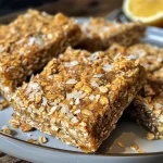 A detailed look at freshly made lemon oat bars, highlighting their chewy consistency and coconut flakes.