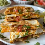 A plate of easy mini chicken quesadillas, revealing layers of shredded chicken and cheese.