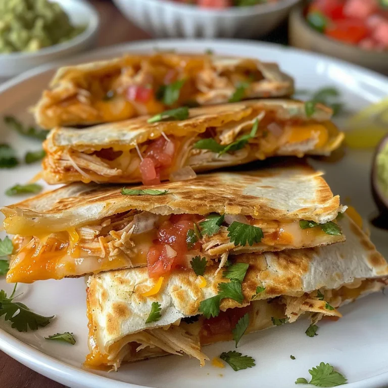 Deliciously golden mini chicken quesadillas cut in halves with toppings on the side.