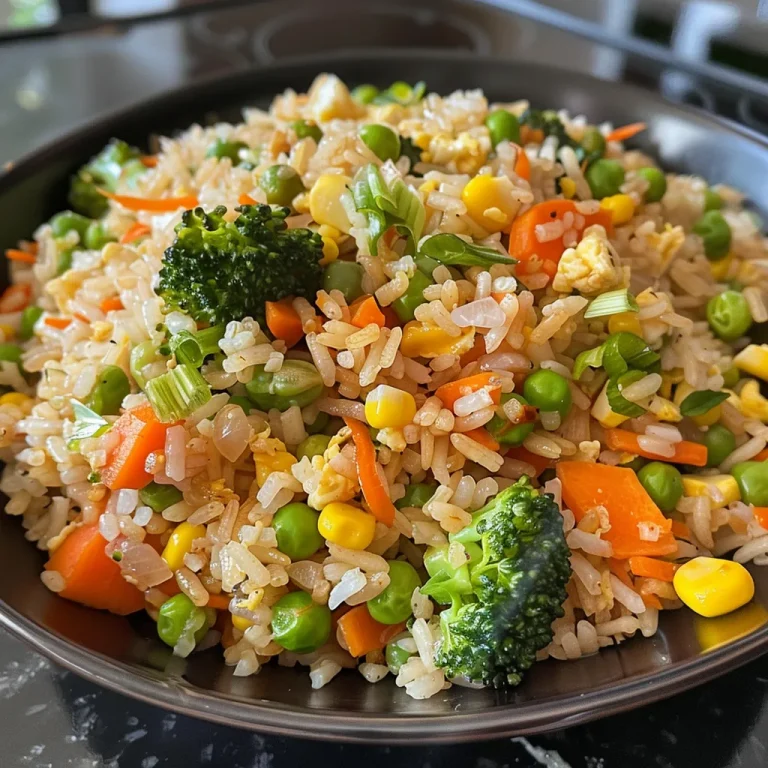 A detailed shot of easy vegetable fried rice showcasing bright broccoli and peas against fluffy jasmine rice.
