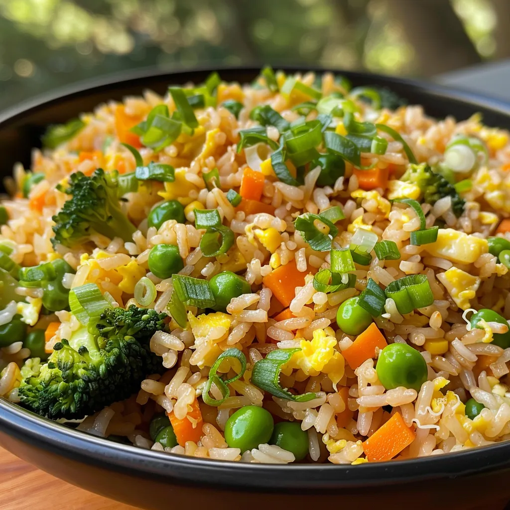 A delicious serving of vegetable fried rice with visible ingredients like carrots, peas, and green onions.