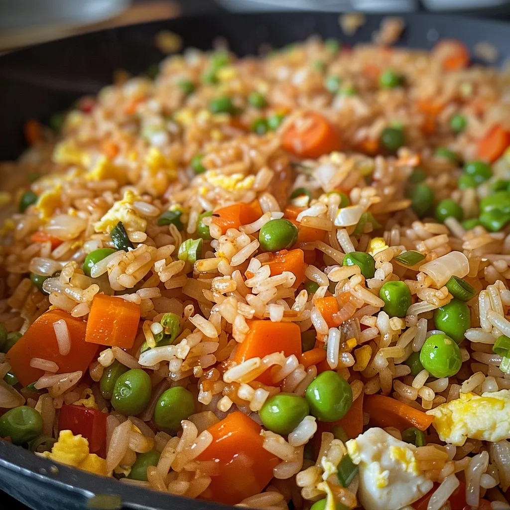 Forkful of flavorful veggie fried rice, highlighting the texture and ingredients.