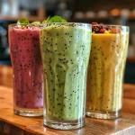 Close up of a smoothie with layers of colors, showcasing fresh ingredients.