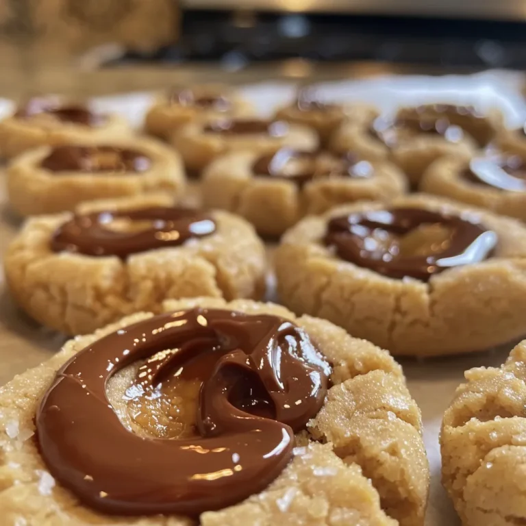 Detailed close-up of a thumbprint cookie filled with Nutella, sprinkled with sea salt, highlighting its rich peanut butter color.