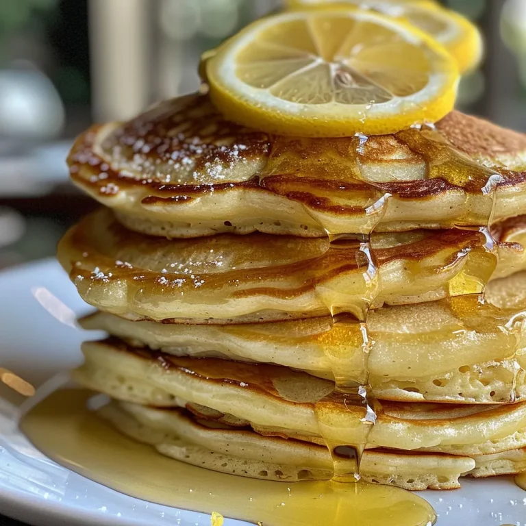 Juicy lemon ricotta pancakes stacked high, showcasing their fluffy texture and vibrant toppings.