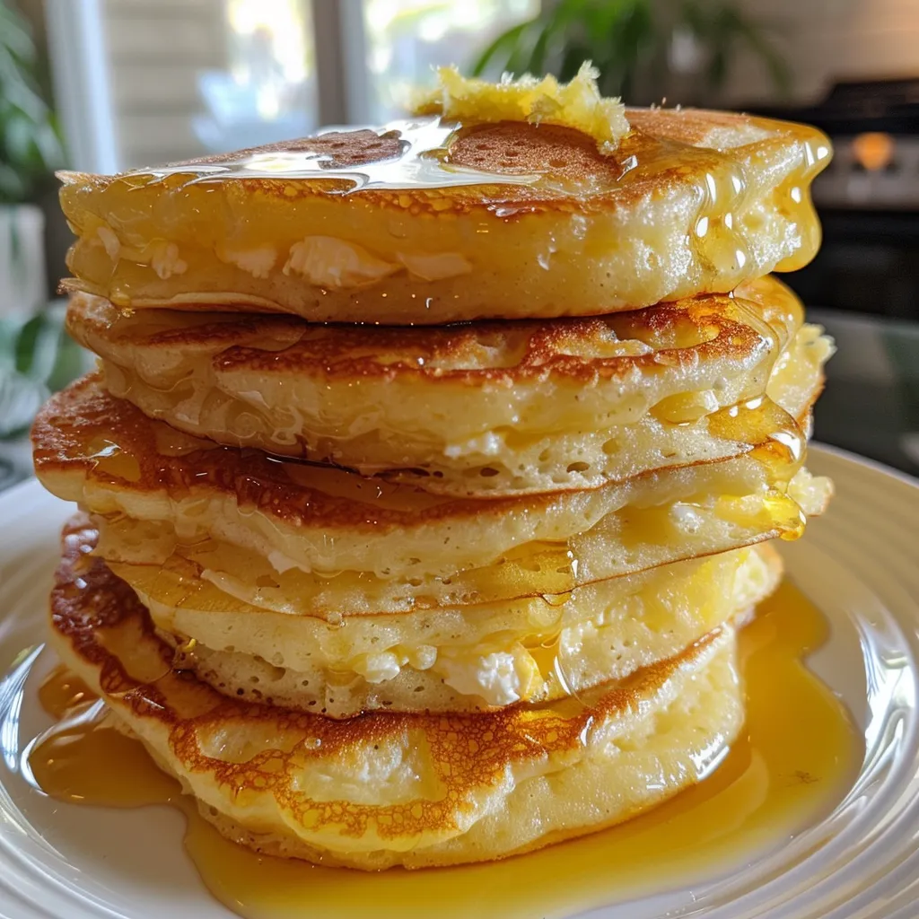 Detailed image of pancakes with a golden-brown exterior, garnished with lemon zest and blueberries.