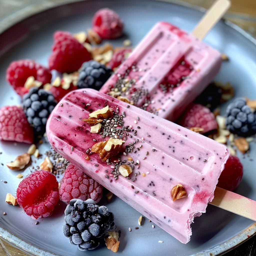 Juicy frozen yogurt pops, highlighting fresh berries and creamy yogurt texture.