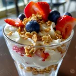 Detailed shot of yogurt parfait with strawberries and blueberries.