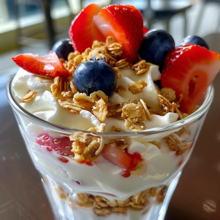 Layered Delight: Effortless Fruit and Yogurt Parfaits Detailed shot of yogurt parfait with strawberries and blueberries.
