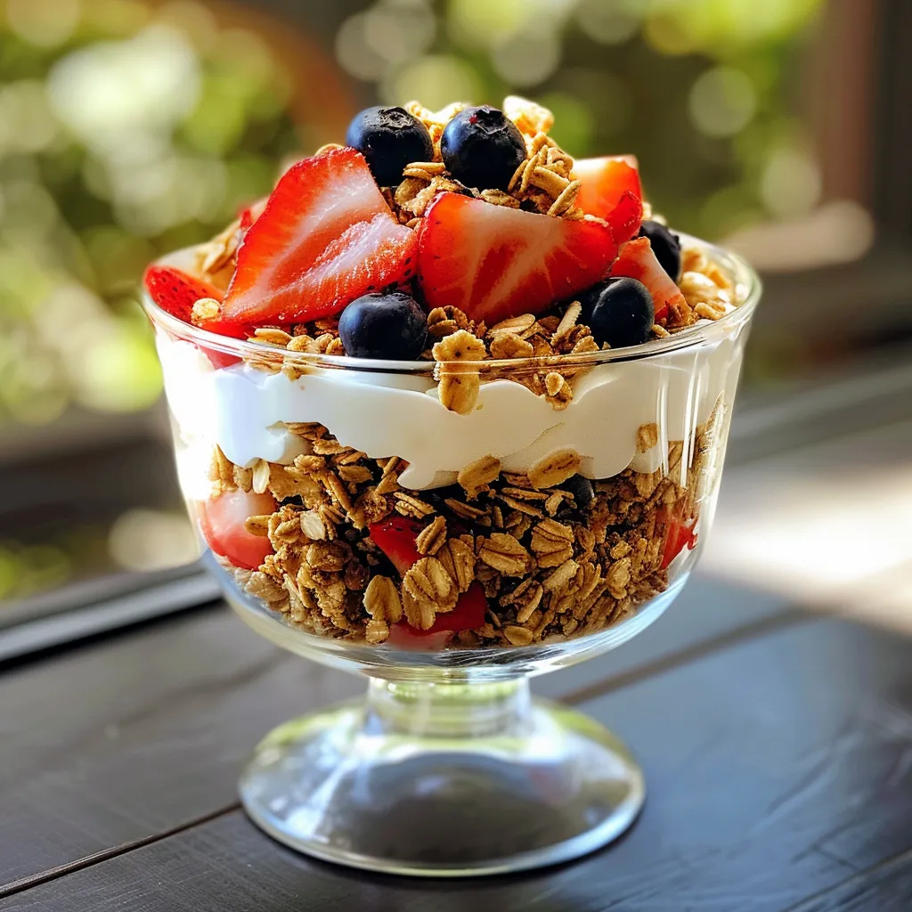 Colorful parfait showcasing strawberries, blueberries, and granola layers.