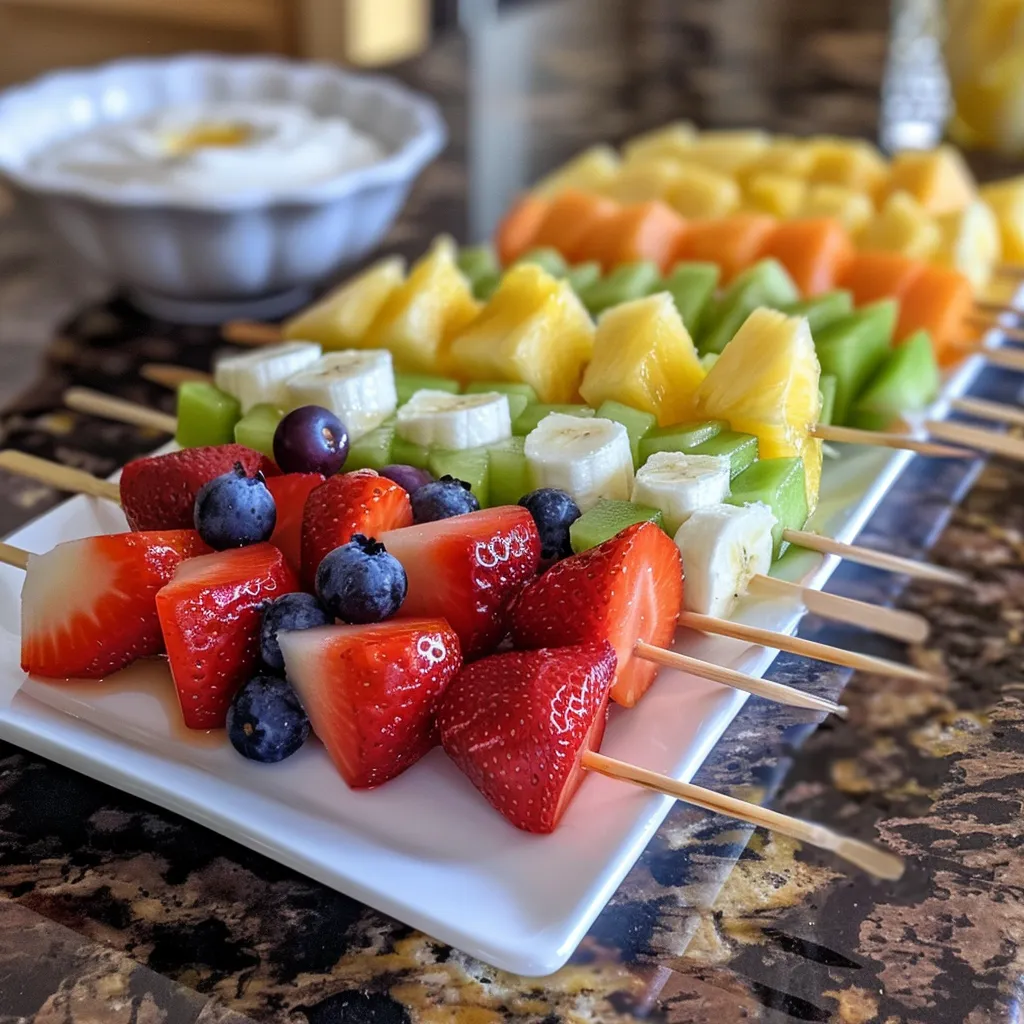 A plate of fruit kabobs skewered with colorful fruits accompanied by a bowl of honey yogurt dip.