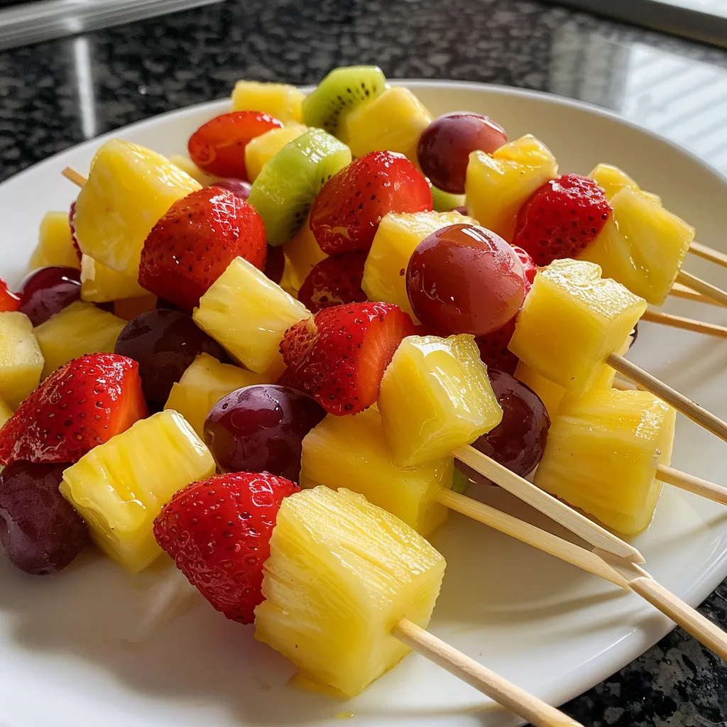An appetizing arrangement of fruit kabobs on a plate, highlighting fresh fruits and a creamy honey yogurt dip.