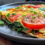 Juicy garden veggie omelette with visible fresh ingredients like peppers and spinach.