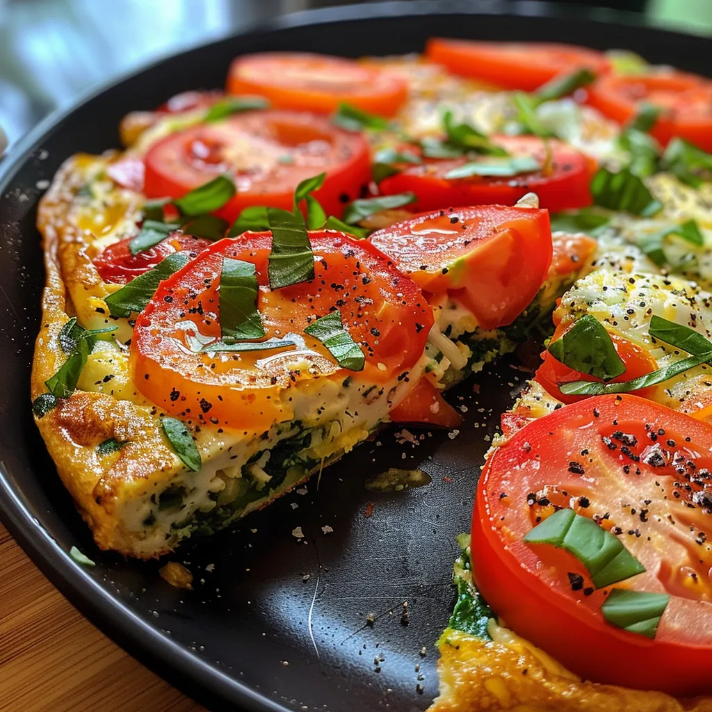 A mouthwatering oven-baked omelette showcasing vibrant tomatoes and cheddar cheese.